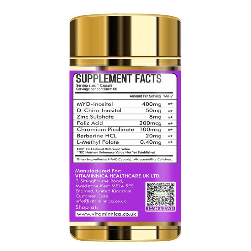 Vitaminnica Her Health PCOS Care | Myo-Inositol & D-Chiro inositol with Folic Acid | Assist Weight Management & Curb Diet Cravings| Improves Hormonal Balance | 60 Vegan Capsules 2 Months Supply