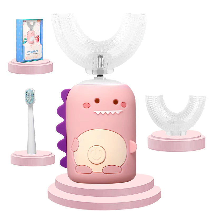 Kids U Shaped Electric Toothbrush for Age 2-12, Rechargeable Toddler Toothbrush with Smart Timer & 3 Clean Modes, Dinosaur Design, IPX7 Waterproof, 3 Brush Heads & 360°Cleaning Dinosaur-pink