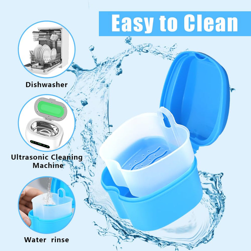 [Australia] - 2pcs Denture Case with 2pcs Toothbrush 2pcs Oral Brushes, Retainer Cleaner Case, Cleaner Denture Bath Box for Retainer Holder False Teeth(Pink Blue) 