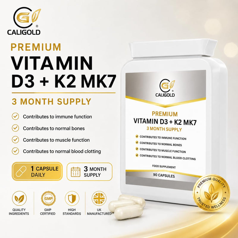 CaliGold Vitamin D3 3000iu & K2 100ug (MK7) – 90 Vitamin D3 K2 Vegetarian Capsules – Supports Normal Bones, Muscles, Teeth and Immune System – Cholecalciferol & Menaquinone-7