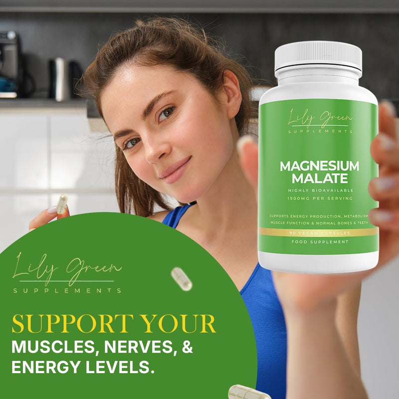 Lily Green Magnesium Malate Capsules | 1500mg per Serving for Energy, Muscle & Nerve Support | 90 Vegan Capsules | Made in UK