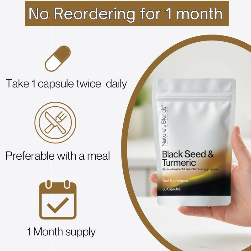 Nature’s Blends Black Seed Oil & Turmeric Capsule | Cold Pressed Black Seed Oil Capsule for Anti-Inflammatory & Immune System | Ethiopian Nigella Sativa for Hair, Skin & Joint Health | 60 Capsules Black Seed & Turmeric
