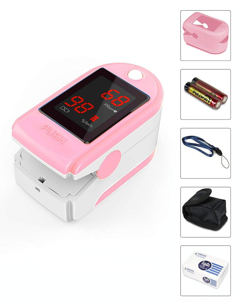 [Australia] - Concord Basics Fingertip Pulse Oximeter - Blood Oxygen Saturation Monitor with Carrying Case, Batteries, Silicone Cover & Lanyard - Easy to Use, Accurate SpO2 & Pulse Measurement (Pink) 