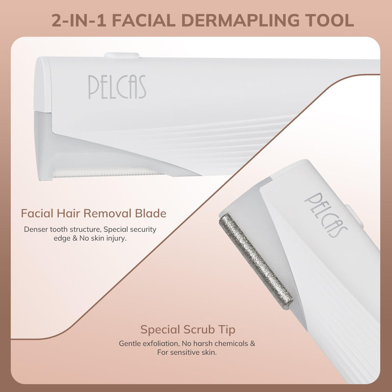 [Australia] - PELCAS Electric Dermaplaning Tool for Face with LED Light, Mini Facial Dermaplaning Razor Kit, Painless 3 Speeds Facial Peach Fuzz & Hair Removal at Home for Women with 6 Blades Off White 