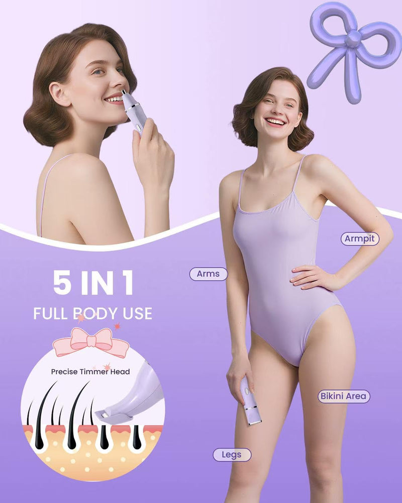 Bikini Trimmer for Women - 5 in 1 Electric Razors for Ladys Pubic Facial Nose Body Leg Hair Removal, Waterproof Electric Shaver for Women Private Area Sensitive Skin, Personal Hair Trimmer Purple
