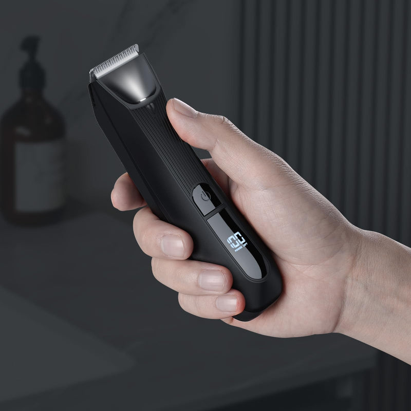 [Australia] - Intimate razor for men, Kibiy electric body razor for men with replaceable anti-cut ceramic blade, professional IPX7 waterproof body hair trimmer with LED light, display and standing charging station... Black Body with two blades 