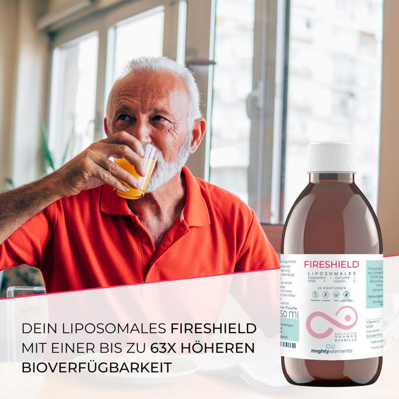 [Australia] - Mighty Elements Liposomal Fireshield 4 in 1, Astaxanthin 8 mg, Curcumin 100 mg, MSM 500 mg, Vitamin C 500 mg, Orange / Vanilla Flavor, Vegan, Gluten Free, High Bioavailability 250ml 