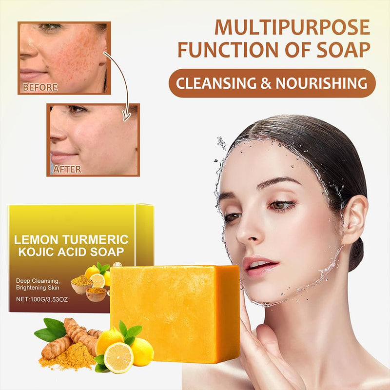 Jabon de Curcuma Para las Manchas, Acido Kojico para Manchas, 2PCS | Jabón de Curcuma, Aceite de Coco, Vitamina E, Triple Para Rostro y Cuerpo, Jabón Para Piel Grasa y Seca