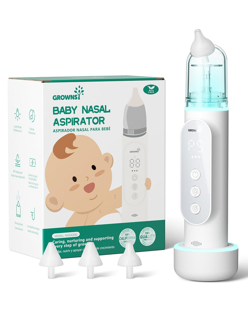 [Australia] - GROWNSY Nasal Aspirator for Baby, Upgraded 5 Suction Levels Baby Nose Sucker, IPX7 Waterproof Electric Nose Suction for Baby, Booger Sucker for Toddlers with Automatic Cleaning &Music &Light Functions Grey Standard 