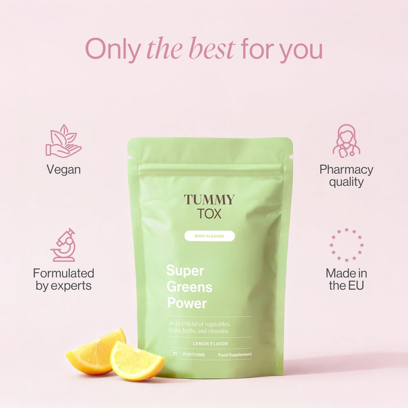Super Greens Power with Guarana, Inulin & Green Tea – Lemon Flavour Super Greens Powder Drink with Chicory Root, Artichoke, Choline & Vitamins – 160 g – Tummy Tox