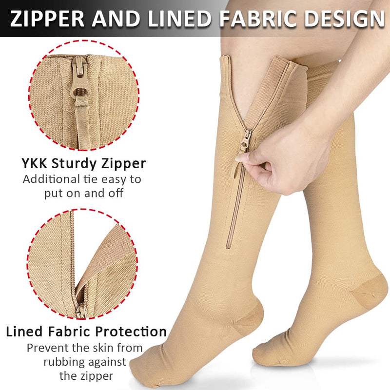 [Australia] - Ailaka Zipper Compression Socks Medical, 15-20 mmHg Knee High Compression Socks for Men Women, Close Toe Support Socks for Varicose Veins, Edema, Recovery, Pregnant, Nurse(Beige, X-Large) X-Large (1 Pair) Beige 