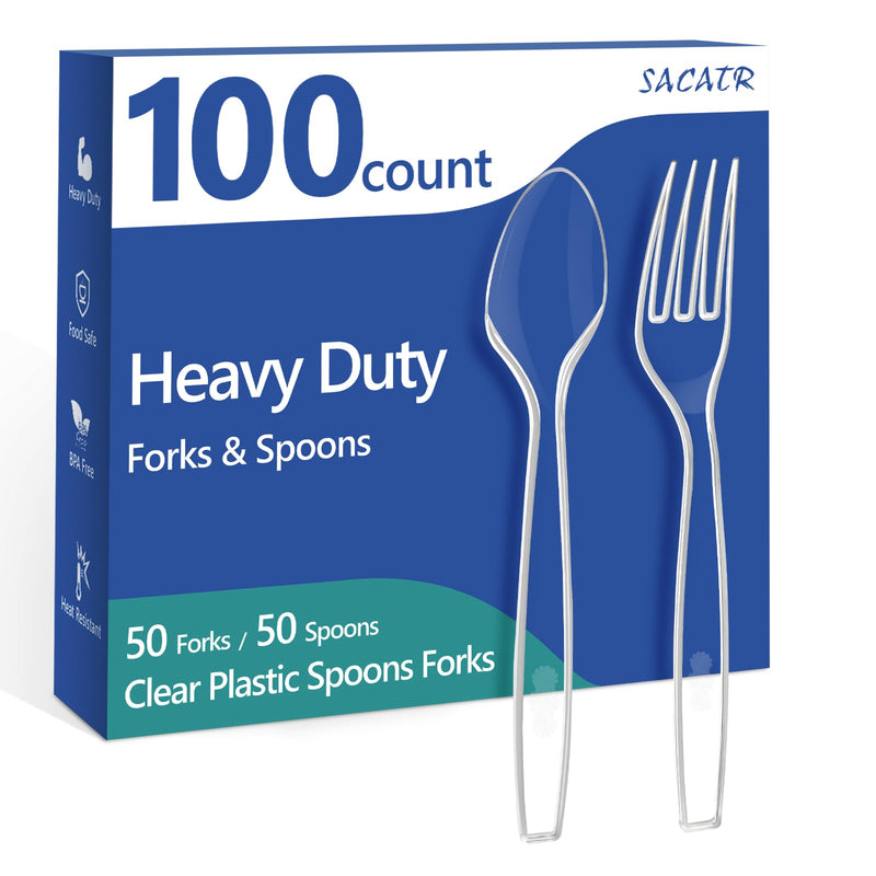 100 Count Plastic Silverware Heavy Duty -50 Forks, 50 Spoons, BPA-Free, Heat Resistant, Disposable Plastic Utensils Set, Plastic Cutlery Set, Plasticware Suitable for Party Everyday Use 100 Combo Set