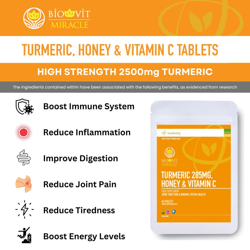 VYTALIVING 2500mg High Strength 120 Turmeric Tablets with Honey & Vitamin C, Turmeric Supplements, Herbal Food Supplement for Joint Function & Immune System Health | 120 Tablets