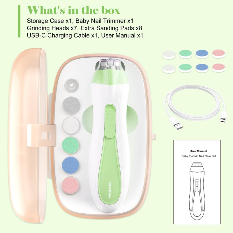 [Australia] - Rechargeable Baby Nail Trimmer Electric Baby Nail File, 15-in-1 Safe & Easy Nail Clippers Filer Buffer Kit with Dust Cover LED Light for Newborn Infant Toddler Adult Toes Fingernails, Green Baby Green 