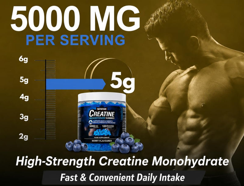 Creatine Monohydrate Gummies 5000mg Per Serving | 120 Vegan Berry Gummies | Sugar Free Creatine Supplement | 30 Servings | Supports Strength, Power & Exercise Performance | Easy Alternative to Powder