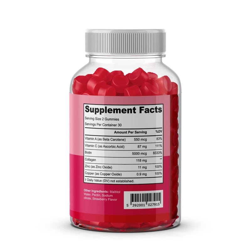 Biotin + Collagen Gummies - High Strength 5000mcg Biotin, Marine Collagen, Vitamin C, Zinc - Hair Growth, Skin & Nail Support - Gluten-Free, Vegan-Friendly, Non-GMO, 60 Strawberry Gummies Gaelwell®