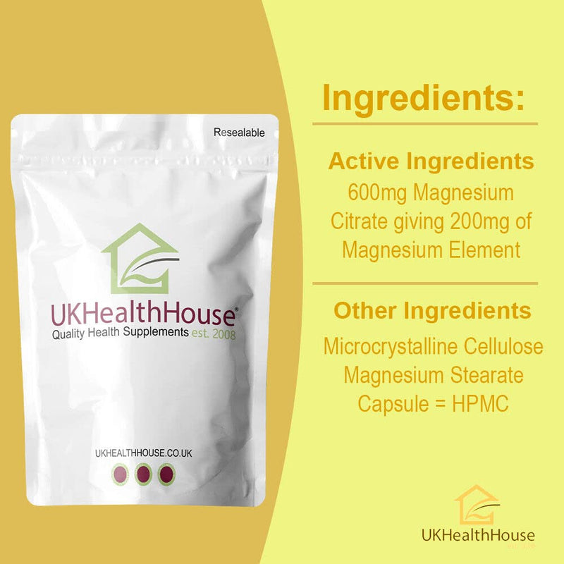 UKHealthHouse Magnesium Citrate 600mg High Strength Capsules Premium Capsules Providing 30% Elemental Magnesium Supplement Easily Absorbable (180 caps) 180 count (Pack of 1)