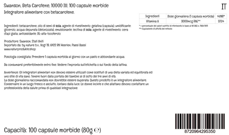 [Australia] - Swanson Beta Carotene (beta-carotene), 10,000 IU, 3,000 mcg, high dose, 100 soft capsules, laboratory tested, gluten-free, non-GMO 