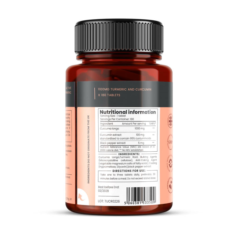 Turmeric and Curcumin - 1100mg x 180 Tablets - Including 95% Curcumin - with 5mg Black Pepper Extract - 6 Months Supply 180 Count (Pack of 1)