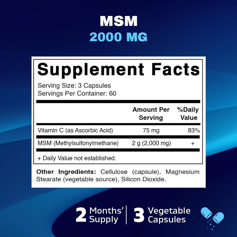 [Australia] - Vitamatic MSM 2000 mg with Vitamin C 75mg per Serving - 180 Veg Capsules - Vitamin C Aid in Better absopriton of MSM (Methylsulfonylmethane) - Non-GMO & Gluten Free 180 Count (Pack of 1) 