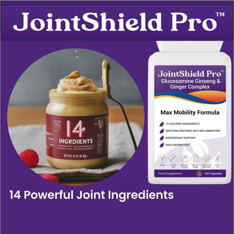 JointShield Pro Glucosamine, Ginseng, Ginger Supplement with VIT C, MSM, Cherry, Rosehip, ACV, Turmeric & Calming Enzymes - Supports Osteoarthritis, Knee, Ankle Swelling & Inflammation Relief