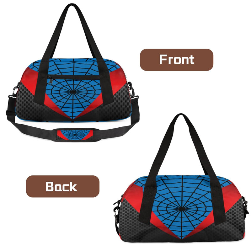 Gym Travel Duffle Bag for Boys - Blue Red Spider Web Kids Overnighter Weekend Bag with Front Zipper Pocket for School Practice, Teens Carry-On Size Sleepover Bags Blue-Red Spider Web