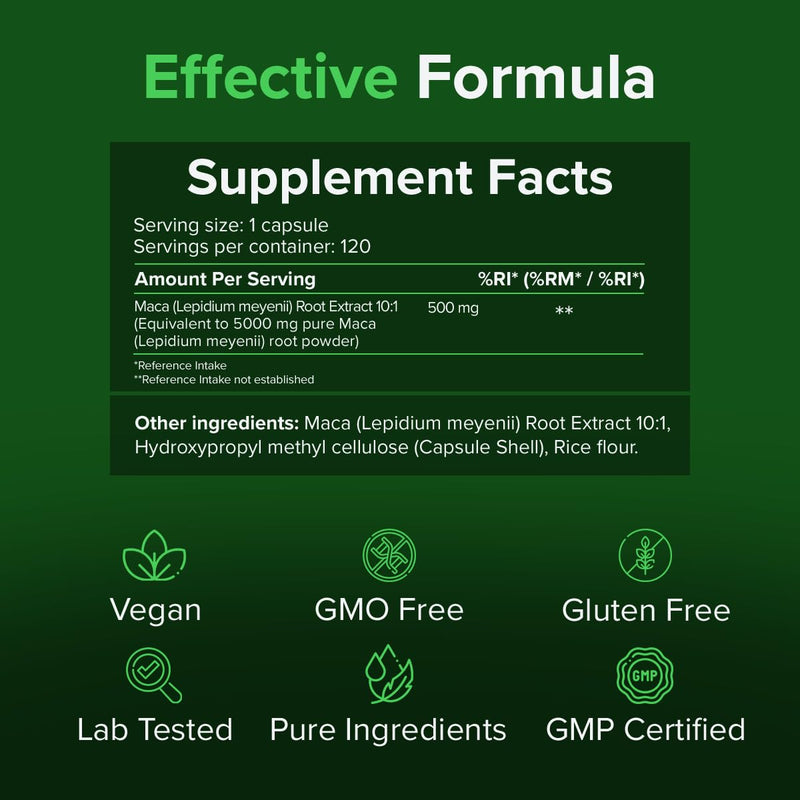 Maca Root Extract 10:1 – 500 mg – 120 Capsules | 4 Moths Supply | Vegan HPMC Capsules | GMO & Gluten Free | Raw Powders 120 count (Pack of 1)