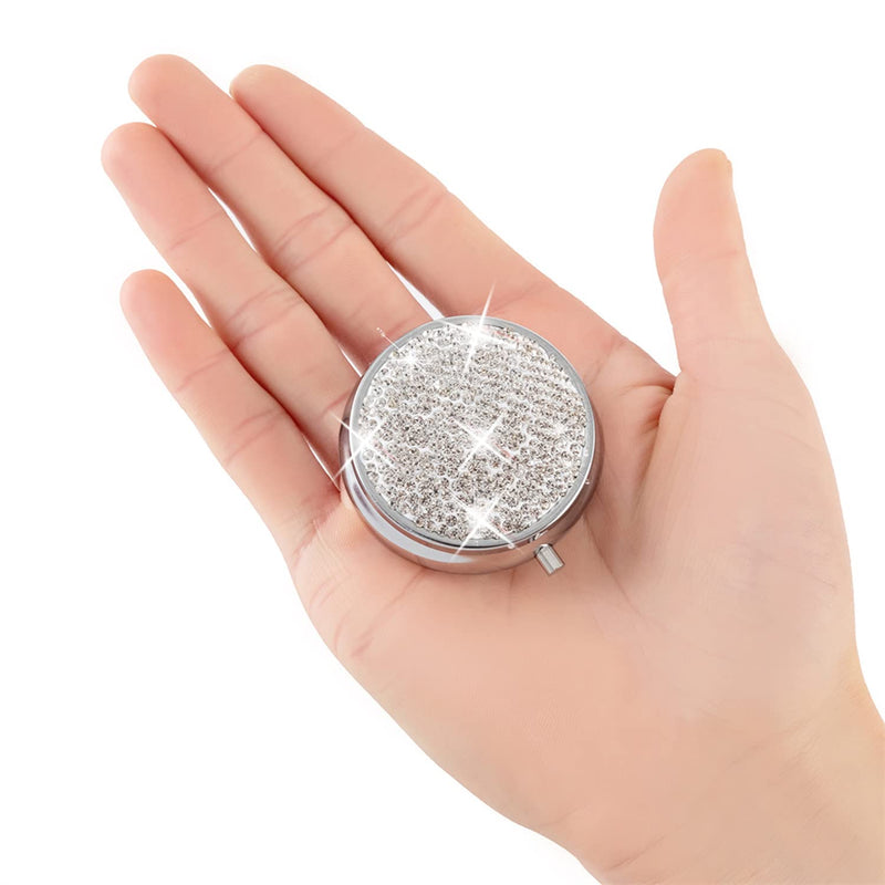 Bling Pill Box, 3 Compartment Medicine Pill Case Holder, Bling Crystal Rhinestones Waterproof Pocket Pill Case ound Medicine Organizer for Vitamin/Fish Oils/Supplement. (Silver)