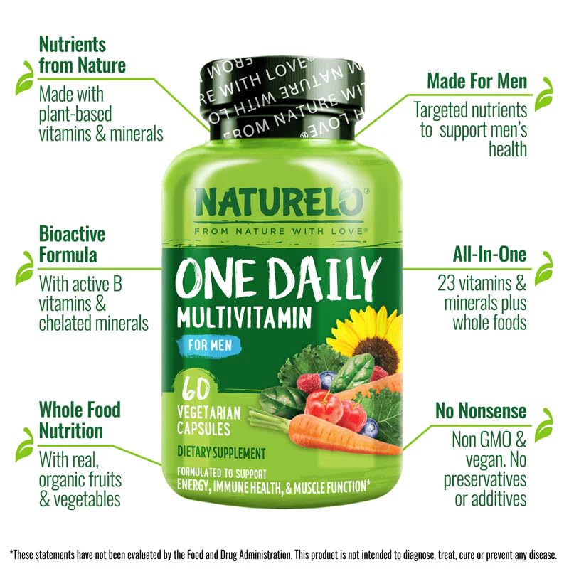 NATURELO Mens Multivitamins - One Daily Multivitamin for Men with Vitamins, Minerals & Organic Whole Foods, Boost Energy & Health, Non-GMO, 60 Vegetarian Capsules Unflavored 60 Count (Pack of 1)