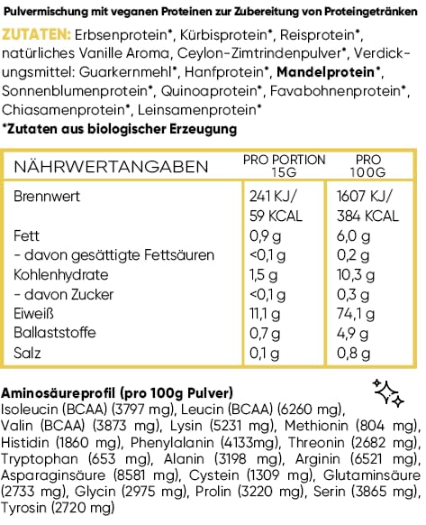 [Australia] - ORGANIC Protein vegan | vanilla | DE-ÖKO-006 | 10 plant-based protein sources | Without sweeteners | Without soy & gluten | Premium quality from Lake Constance | Made in Germany (1000g, vanilla) 