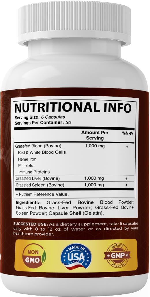Vitamatic Grass Fed Beef Blood with Liver and Spleen - 180 Capsules - Freeze Dried & Non-GMO - Pasture Raised Glandular Supplement - Made in USA