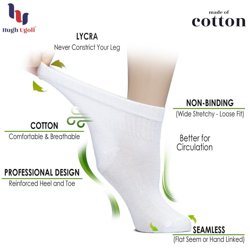 [Australia] - Hugh Ugoli Women's Cotton Diabetic Ankle Socks, Wide, Thin, Loose Fit and Stretchy, Seamless Toe, Non Binding Top, 4-8 Pairs 6-9 05- White (4 Pairs) 
