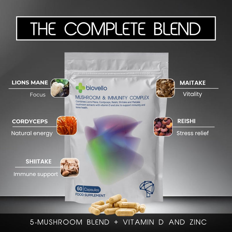 Mushroom & Immunity Complex – 5 Mushroom Blend with Lion’s Mane, Reishi, Shiitake, Maitake & Cordyceps – With Vitamin D3 & Zinc – Immune & Daily Wellness Support – 60 Vegan Capsules – UK Made