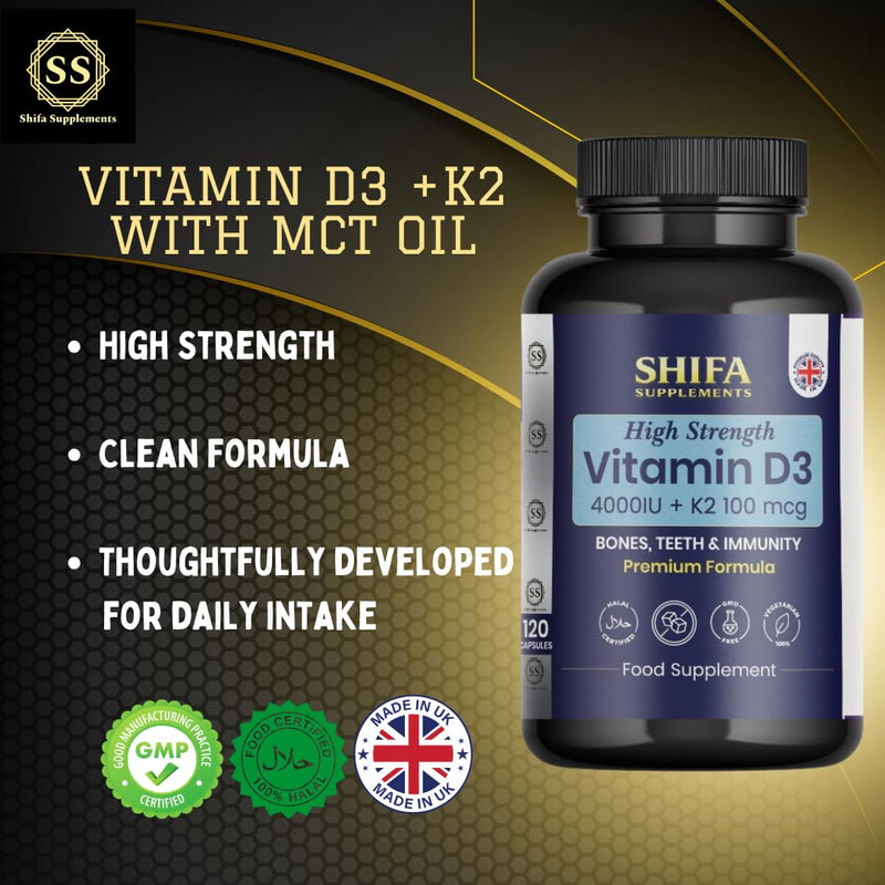 Vitamin D3 4000 IU + K2 100mcg with MCT Oil | 120 Tiny Capsules, Pure Formula, Excipient & Filler Free | Halal Certified, Vegetarian, Non GMO | Bones, Teeth & Immunity