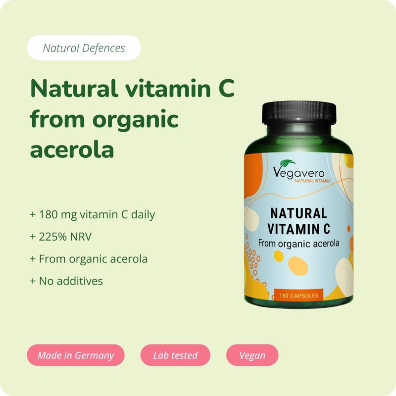 Vegavero Natural Vitamin C Supplement | Organic VIT C from Acerola Cherry Extract | 225% NRV | NO Additives| 180 Capsules | Vegan