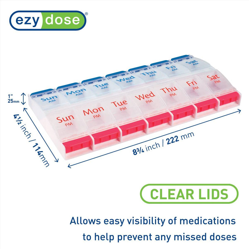 EZY DOSE Push Button (7-Day) Pill Case, Medicine Planner, Daily Vitamin Organizer, 2 Times a Day AM/PM, Large Compartments, Arthritis Friendly, Easy to Use, Clear Lids, Red/Blue, BPA Free (Pack of 2) 1 Count (Pack of 2)