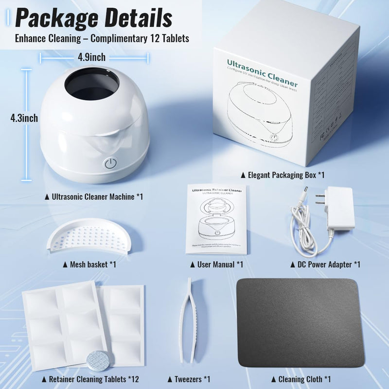 [Australia] - Ultrasonic Retainer Cleaner Machine, 45kHz Retainer Cleaner with UV-C Light and Cleaning Tablets, Capacity 200ML, Portable Dental Cleaning Pod for Dentures Night Mouth Guards Aligner Braces Jewelry 