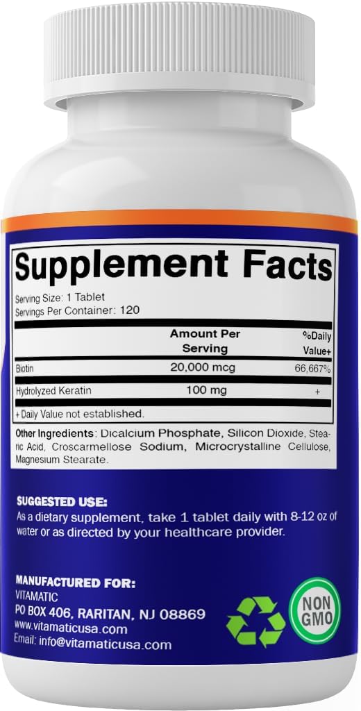 Vitamatic High Potency Biotin 20000 mcg (20mg) with Keratin 100mg - 120 Vegetarian Tablets - Biotin Supplements for Healthy Hair Skin & Nails for Adults (120 Count (Pack of 1))