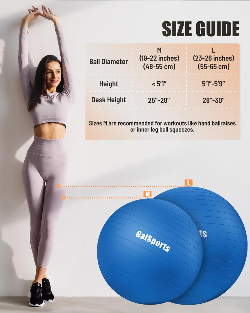 [Australia] - GalSports Anti-Burst Slip Resistant Stability Ball - Swiss Ball for Home Gym & Physical Therapy Blue M(22ines/55cm/No Pump) 
