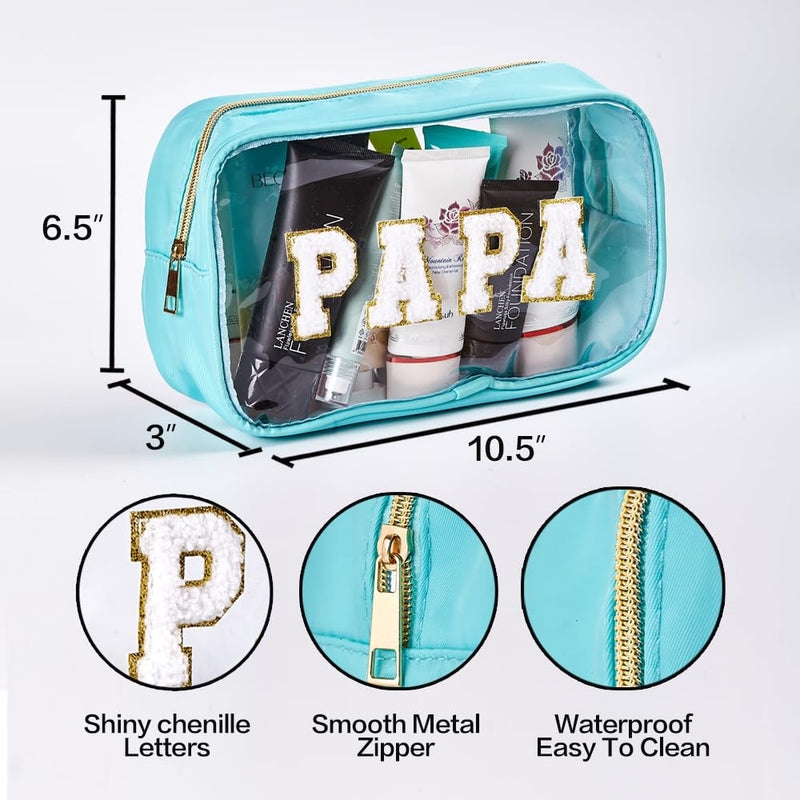3pc Mama Baby Papa Clear Pouch Set with Chenille letters – Travel Makeup Toiletry Organizer Bags for Family Packing – Cute Personalized for Vacation, Hospital & Diaper Bag Essentials Papa Mama Baby