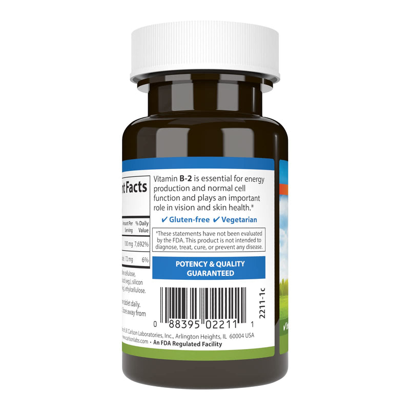 Carlson B-2, 100 mg, Riboflavin, Energy Production, 100 Vegetarian Tablets | Vision Support; Healthy Skin 100 Count (Pack of 1)