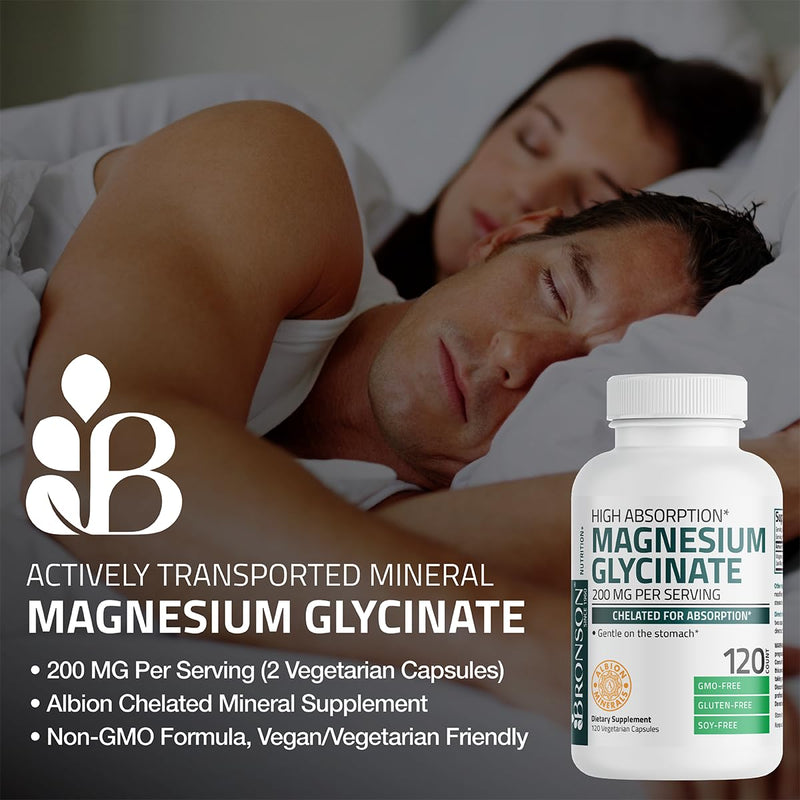 [Australia] - Bronson Magnesium Glycinate 200 MG per Serving Chelated for High Absorption, Gentle On Stomach, Non-GMO, 60 Vegetarian Capsules 60 Count (Pack of 1) 