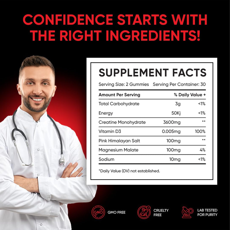 Creatine Gummies - Muscle Growth & Recovery Supplements - Max Strength - Sugar Free - Chewable Creatine Monohydrate with Electrolytes, Magnesium & Vitamin D3-60 Gummies