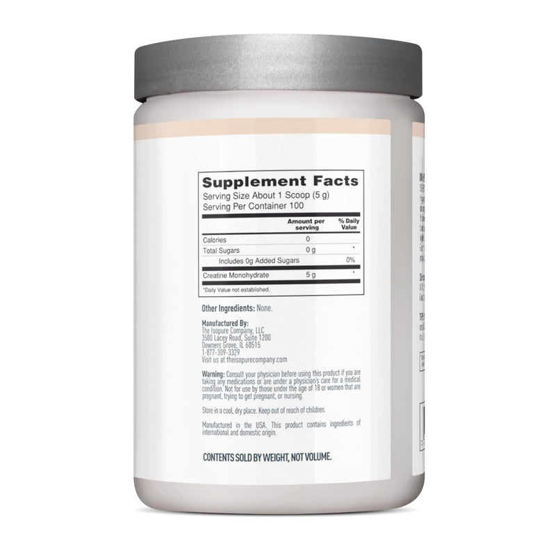[Australia] - Isopure Unflavored Creatine Monohydrate Powder, Zero Added Ingredients, No Calories, 5g Creatine Monohydrate per scoop, 100 Servings, 500g 100 Servings (Pack of 1) 