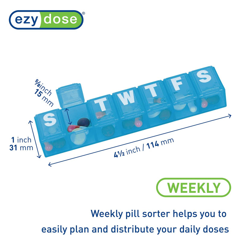 EZY DOSE Weekly (7-Day) Daily Pill Case, Medicine Planner, Vitamin Organizer, Supplement Container Box, Small Compartments, Travel Friendly and Convenient, Color May Vary (Randomly Selected), BPA Free