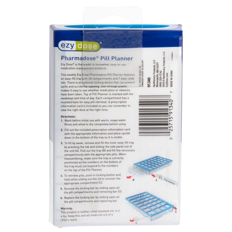 Ezy Dose Pharmadose Weekly 7-Day, 4X/Day Pill Organizer, Blue, Small | 28 Small Compartment Pill Case, Medicine Planner, Vitamin Organizer with Easy Fill Tray, BPA Free Small 6.25"x4"x1" (Pack of 1)