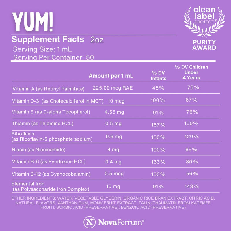 [Australia] - NovaFerrum Yum | Multivitamin with Iron for Infants, Toddlers & Kids Ages 4 & Under | Immune Support | Gluten Free Certified | Sugar Free | Raspberry Grape | 50 Servings 1.69 Fl Oz (Pack of 1) 