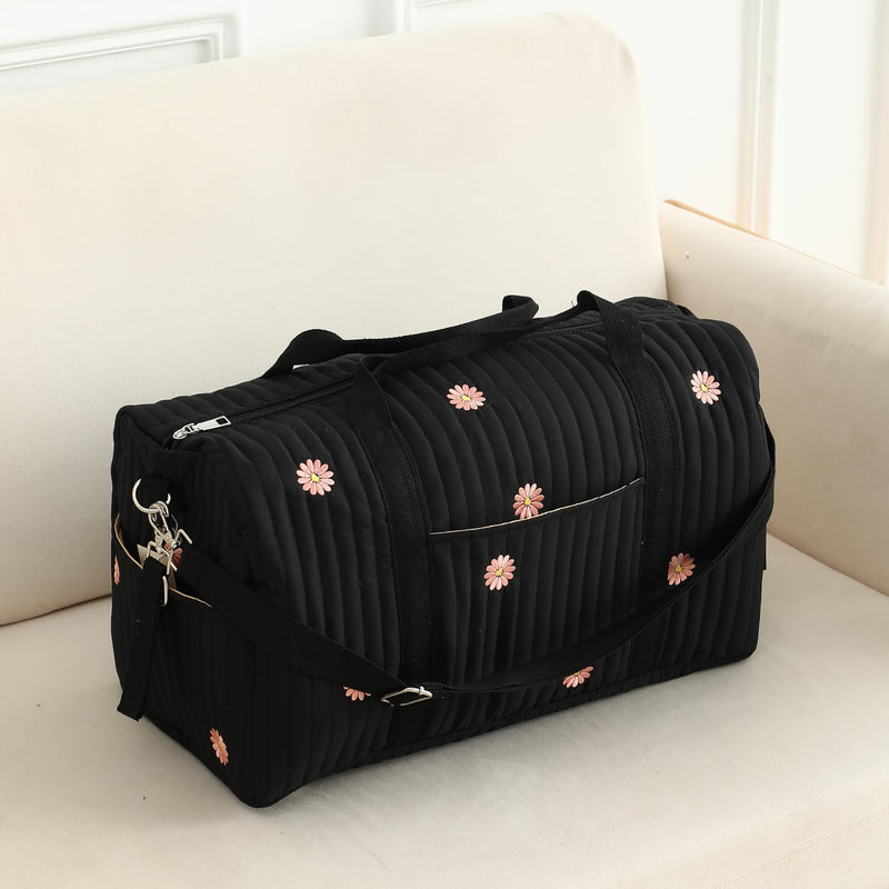 Women’s Travel Duffel Bag – Large Weekender & Overnight Travel Bag with Wet Pocket, Carry-On Friendly, Ideal as Hospital or Maternity Bag for Labor and Delivery Large - Black Flowers