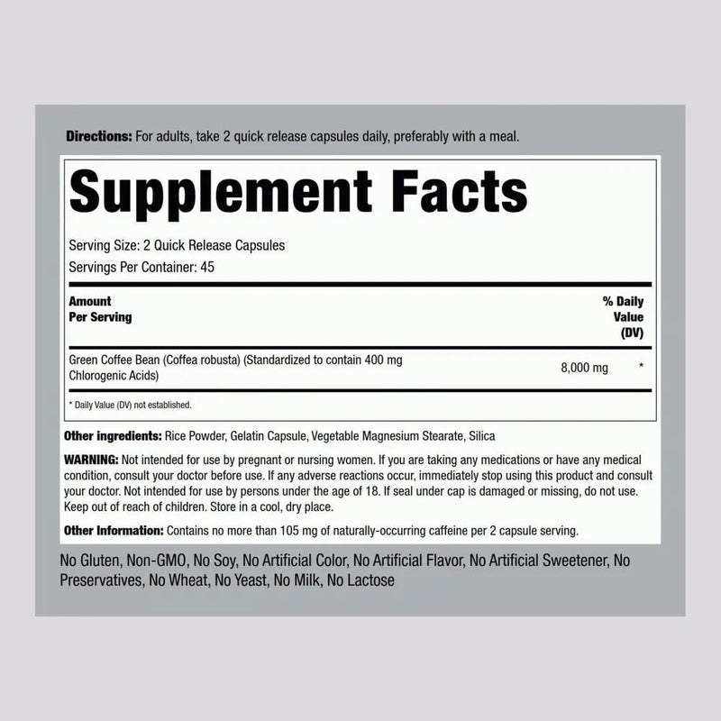 [Australia] - Piping Rock Green Coffee Bean Extract 8000 mg | 90 Capsules | Dietary Supplement | Non-GMO, Gluten Free 