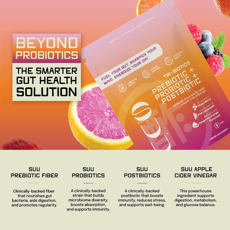 SUU Tribiotics - Prebiotic & Probiotic Drink Mix Packets for Gut Health & Digestive Health | Cutting Mix, Daily Probiotic & GLP1 and Immunity Supplement | 9 Pack Variety Variety Pack